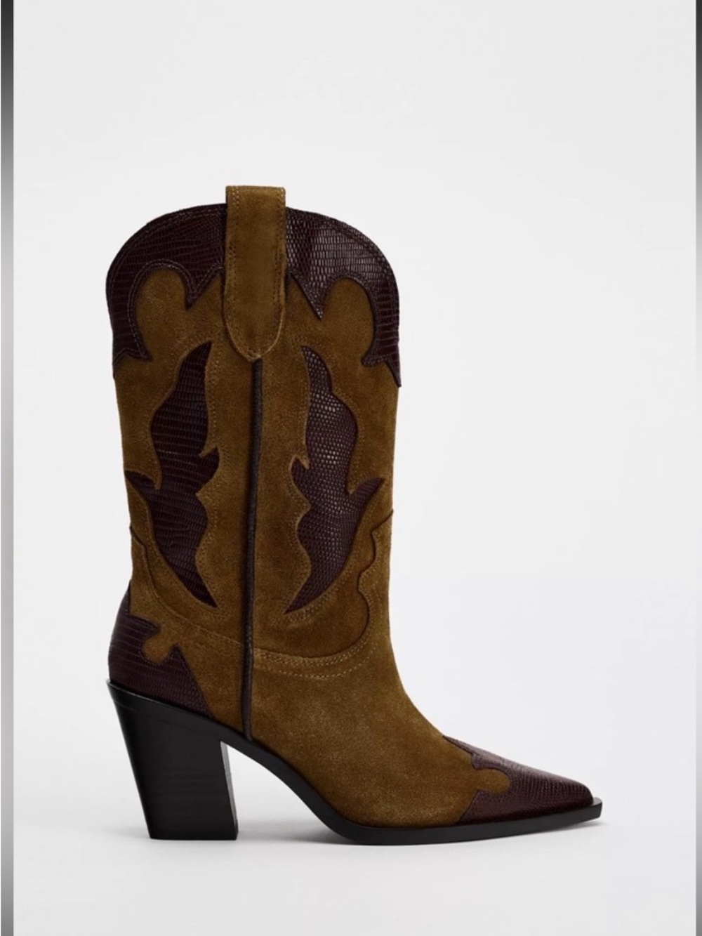 Zara Women’s Brown Suede Western Boot with Dark Brown Accents